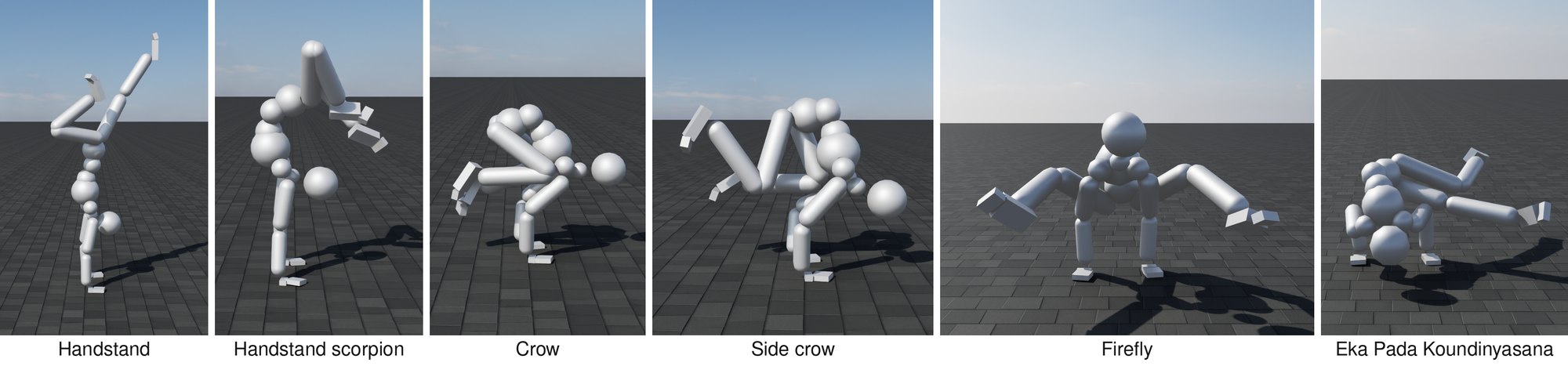 Student holds from the same plans and cameras: handstand, handstand scorpion, crow, side crow, firefly, Eka Pada Koundinyasana.